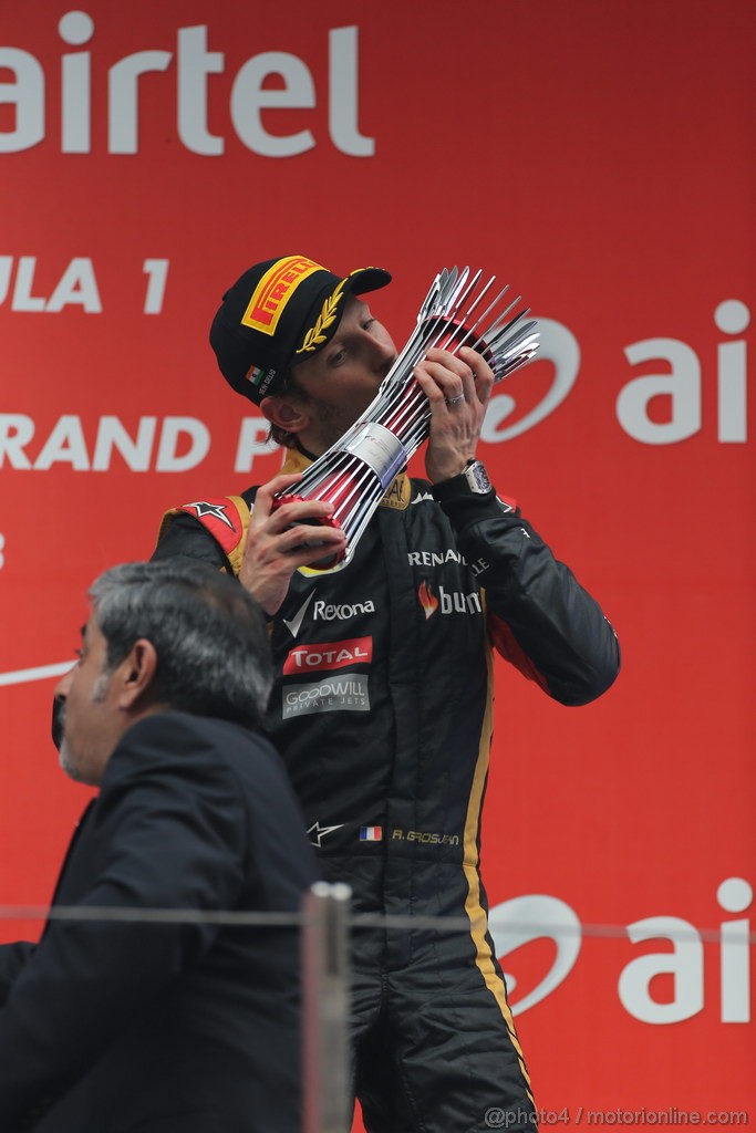 GP INDIA, 27.10.2013- Podium: Romain Grosjean (FRA) Lotus F1 Team E21 (terzo)