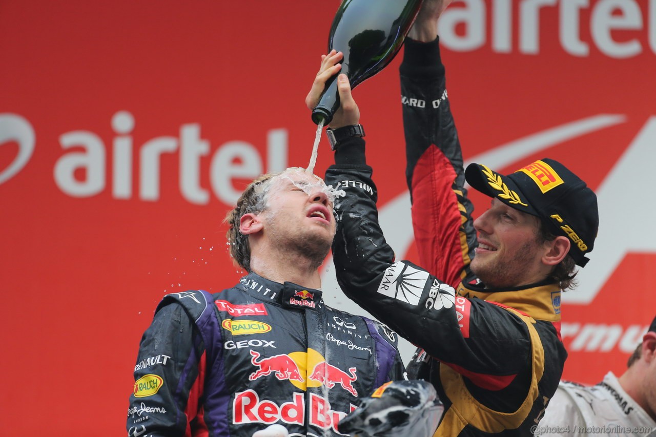 GP INDIA, 27.10.2013- Podium: Sebastian Vettel (GER) Red Bull Racing RB9 (vincitore), Nico Rosberg (GER) Mercedes AMG F1 W04 (secondo) e Romain Grosjean (FRA) Lotus F1 Team E21 (terzo) 