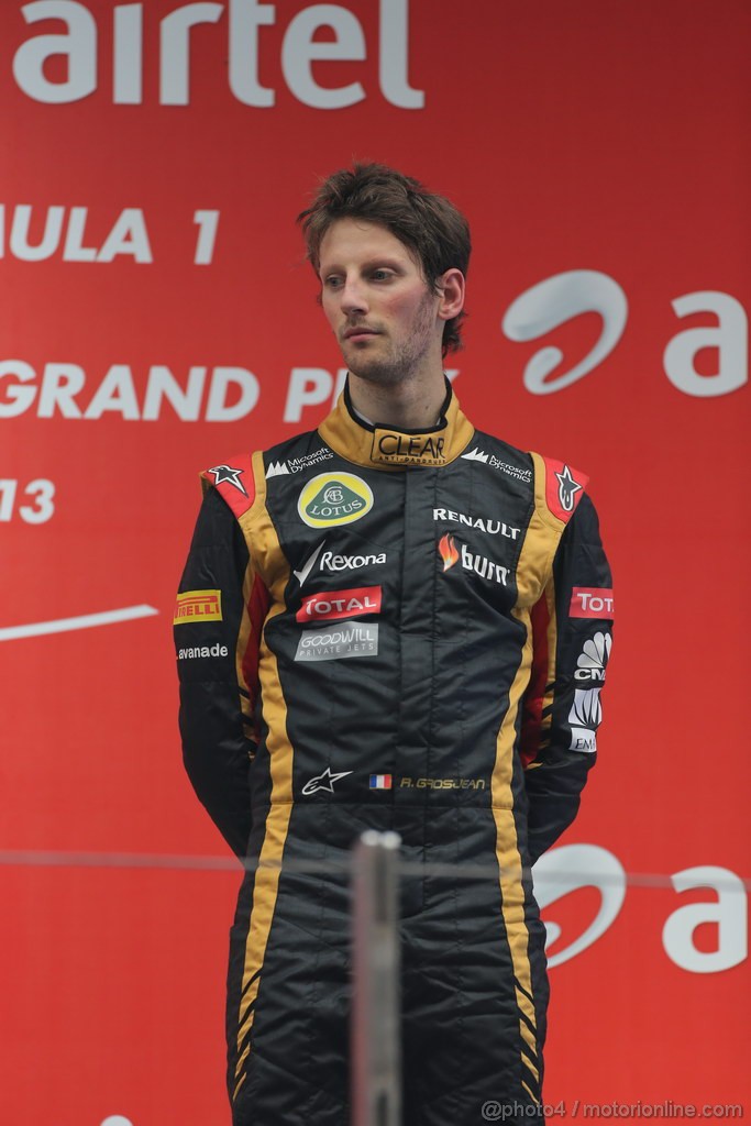 GP INDIA, 27.10.2013- Podium: Romain Grosjean (FRA) Lotus F1 Team E21 (terzo)