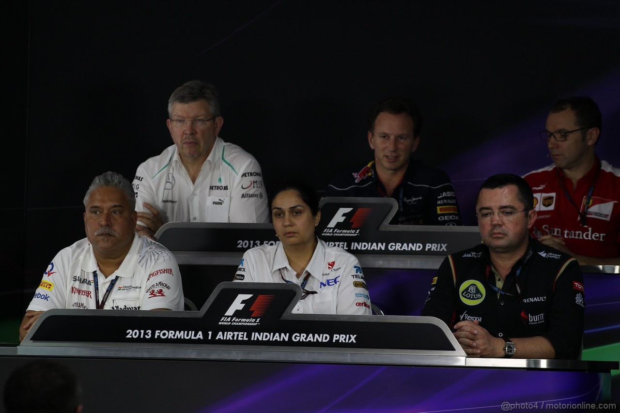 GP INDIA, 25.10.2013- Press Conference: Ross Brawn (GBR), Team Principal, Mercedes GP, Christian Horner (GBR), Red Bull Racing, Sporting Director, Stefano Domenicali (ITA) Team Principal, Ferrari, Vijay Mallya (IND) Sahara Force India F1 Team Owner, Monisha Kaltenborn (AUT) Sauber Team Principal e Eric Boullier (FRA), Team Manager, Lotus F1 Team 