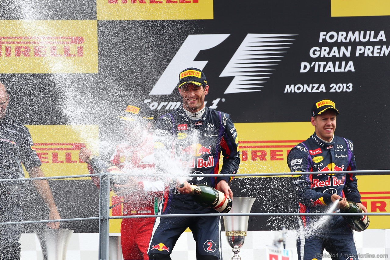 GP ITALIA, 08.09.2013- The Podium, winner Sebastian Vettel (GER) Red Bull Racing RB9, 2nd Fernando Alonso (ESP) Ferrari F138, 3d Mark Webber (AUS) Red Bull Racing RB9