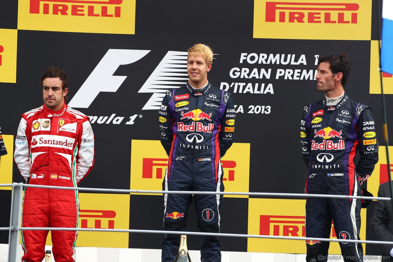 GP ITALIA, 08.09.2013- The Podium, winner Sebastian Vettel (GER) Red Bull Racing RB9, 2nd Fernando Alonso (ESP) Ferrari F138, 3d Mark Webber (AUS) Red Bull Racing RB9
