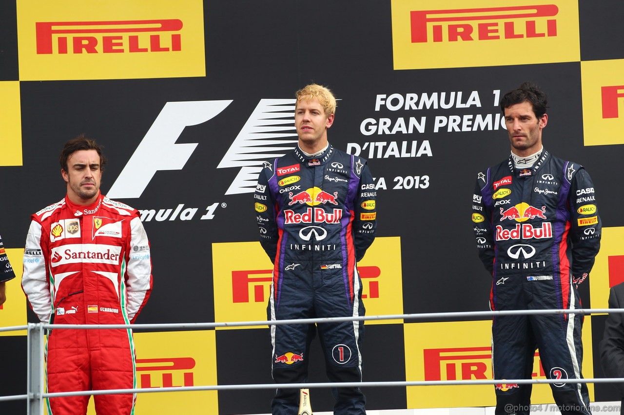 GP ITALIA, Podium: Sebastian Vettel (GER) Red Bull Racing RB9 (vincitore), Fernando Alonso (ESP) Ferrari F138 (secondo) e Mark Webber (AUS) Red Bull Racing RB9 (terzo)