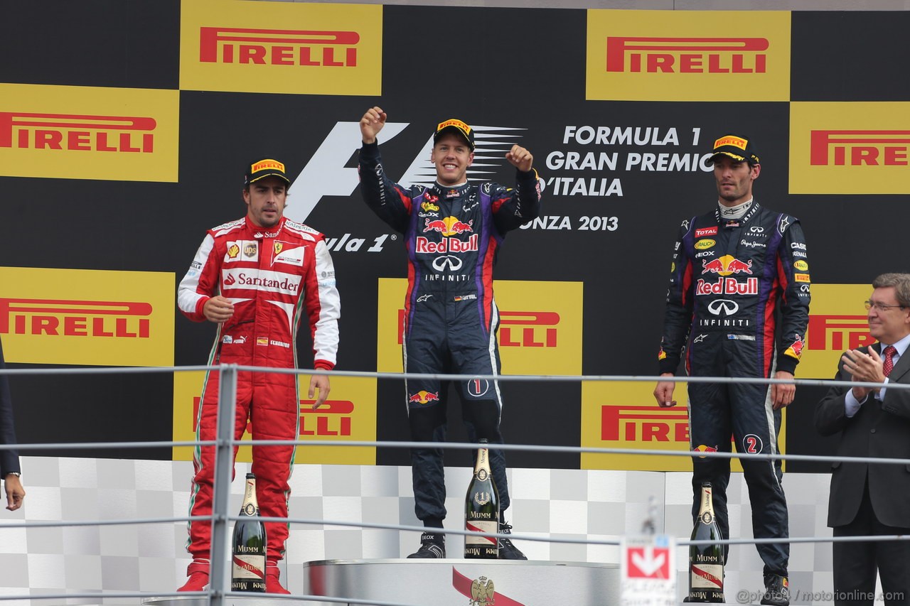 GP ITALIA, Podium: Sebastian Vettel (GER) Red Bull Racing RB9 (vincitore), Fernando Alonso (ESP) Ferrari F138 (secondo) e Mark Webber (AUS) Red Bull Racing RB9 (terzo)
