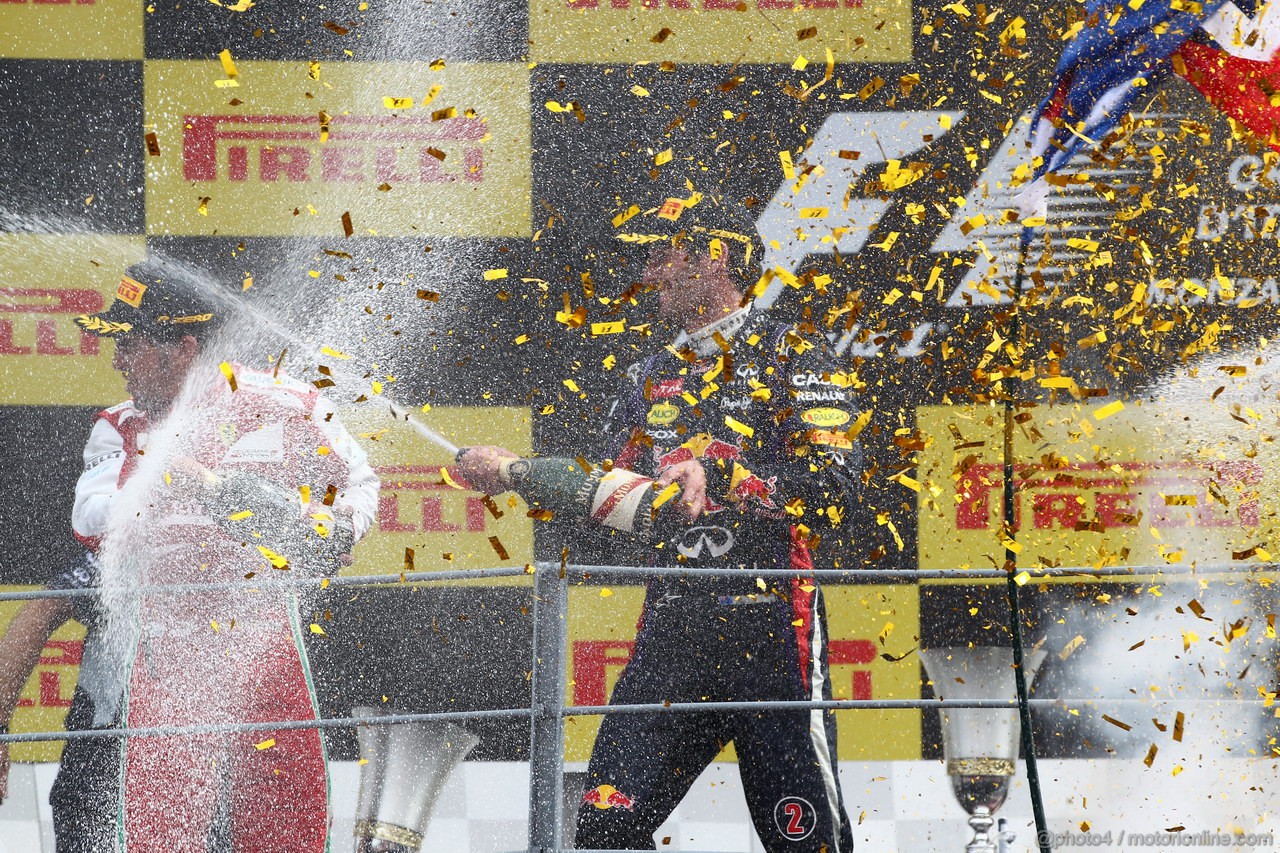 GP ITALIA, Podium: Sebastian Vettel (GER) Red Bull Racing RB9 (vincitore), Fernando Alonso (ESP) Ferrari F138 (secondo) e Mark Webber (AUS) Red Bull Racing RB9 (terzo)