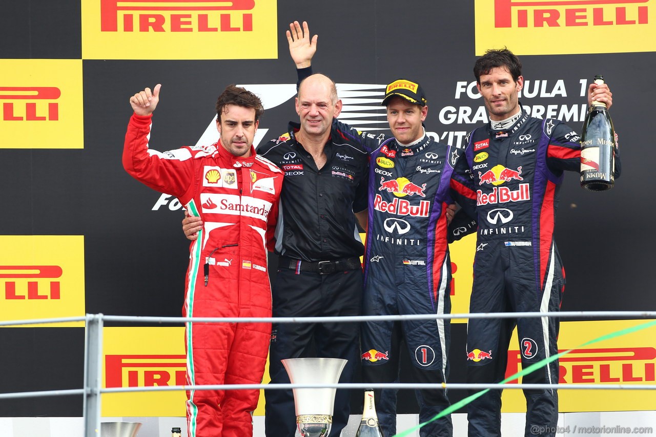 GP ITALIA, Podium: Sebastian Vettel (GER) Red Bull Racing RB9 (vincitore), Fernando Alonso (ESP) Ferrari F138 (secondo) e Mark Webber (AUS) Red Bull Racing RB9 (terzo)