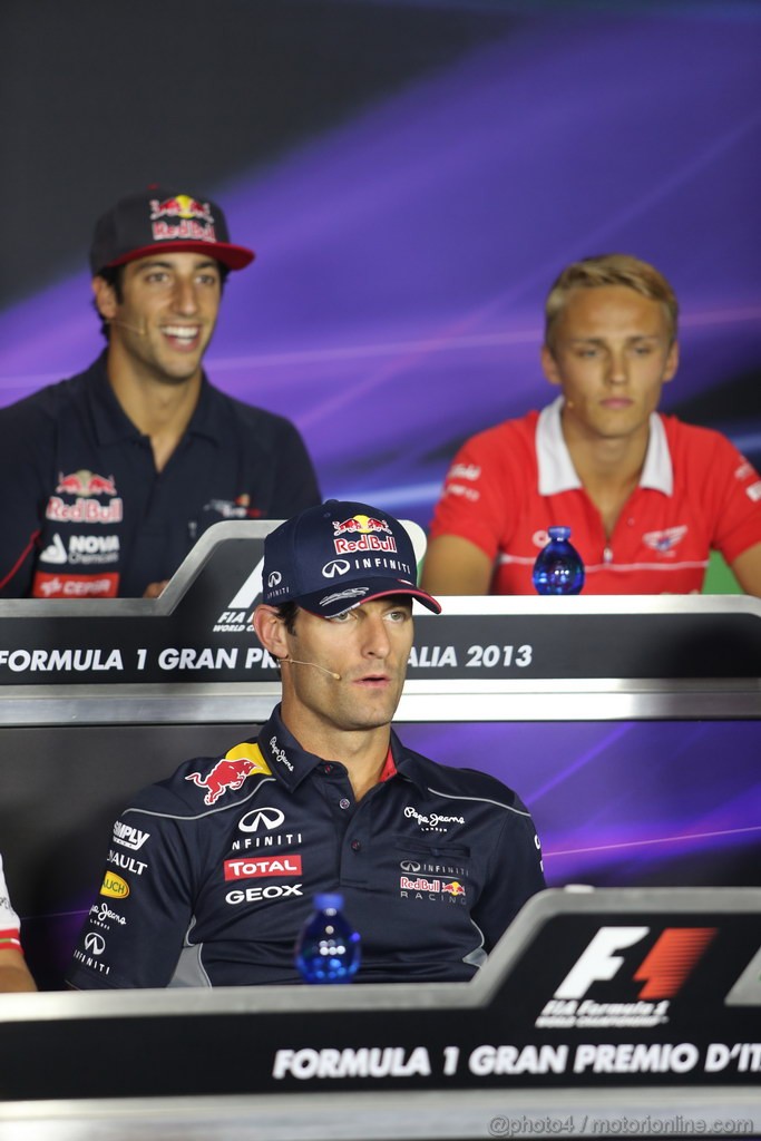 GP ITALIA, 05.09.2013-  Giovedi' Press Conference,bottom line Mark Webber (AUS) Red Bull Racing RB9 with Daniel Ricciardo (AUS) Scuderia Toro Rosso STR8 e Max Chilton (GBR), Marussia F1 Team MR02