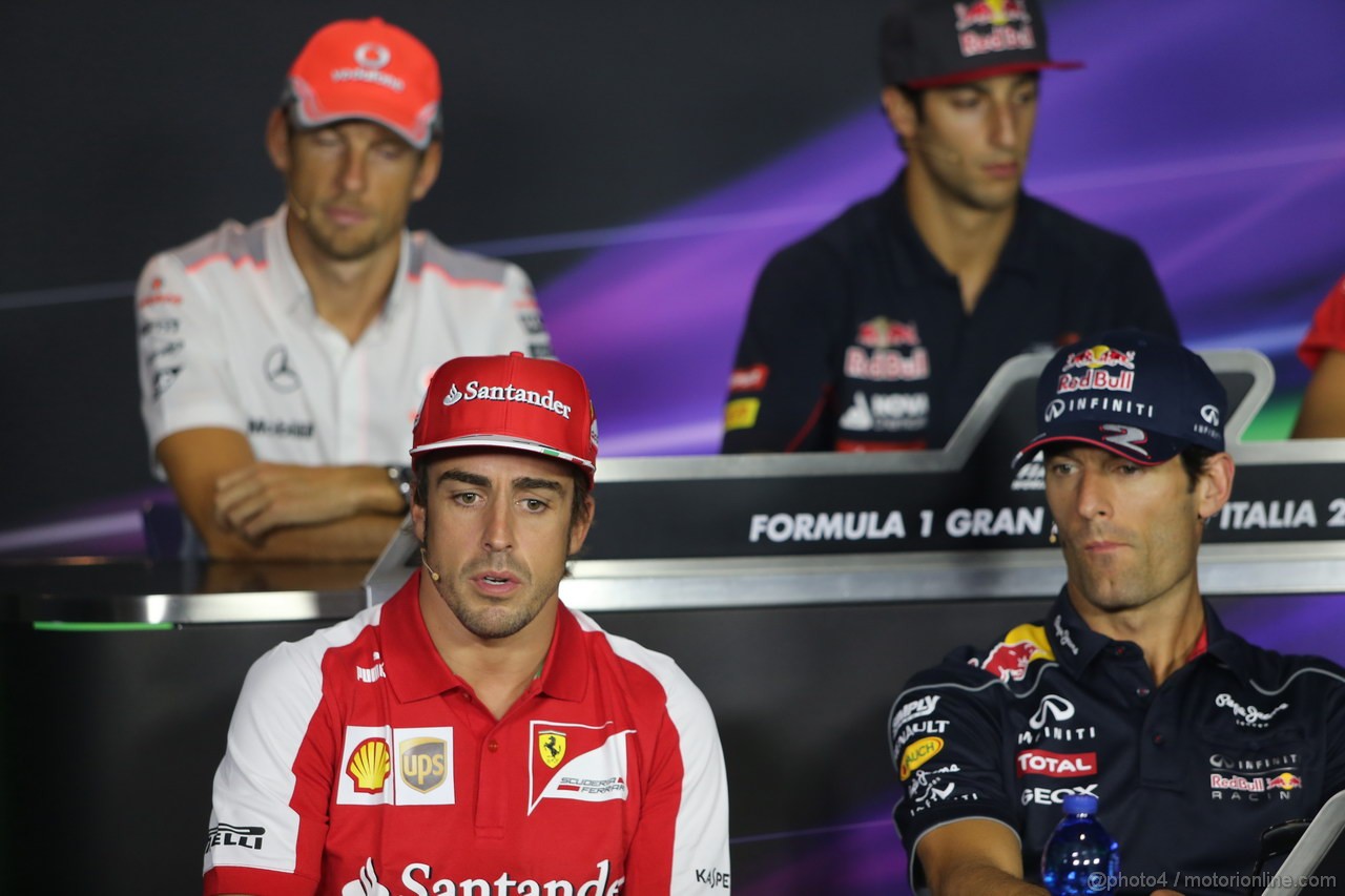 GP ITALIA, 05.09.2013-  Giovedi' Press Conference, L to R bootm to Top Fernando Alonso (ESP) Ferrari F138, Mark Webber (AUS) Red Bull Racing RB9, Jenson Button (GBR) McLaren Mercedes MP4-28 e Daniel Ricciardo (AUS) Scuderia Toro Rosso STR8