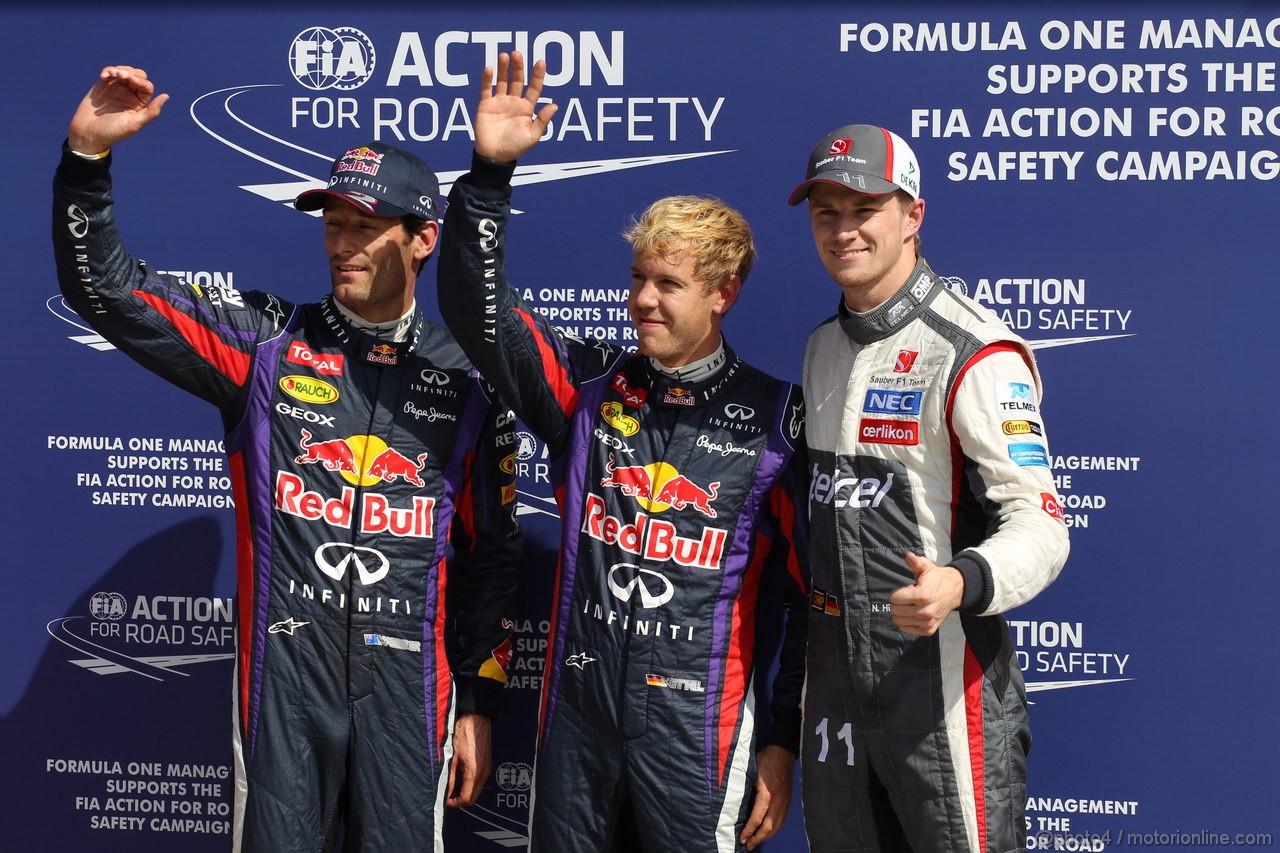 GP ITALIA, 07.09.2013- Qualifiche celebration: pole Sebastian Vettel (GER) Red Bull Racing RB9, 2nd Mark Webber (AUS) Red Bull Racing RB9, 3rd Nico Hulkenberg (GER) Sauber F1 Team C32
