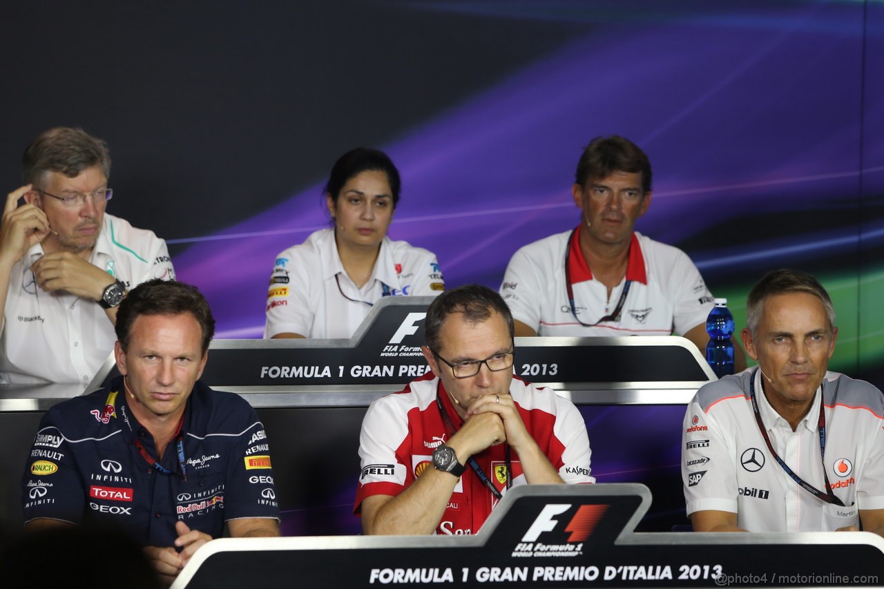 GP ITALIA, 06.09.2013- Venerdi' Press Conference, Top to Bottom, L to R Ross Brawn (GBR), Team Principal, Mercedes GP, Monisha Kaltenborn (AUT) Sauber Team Principal, Graeme Lowdon (GBR) Marussia F1 Team Chief Executive, Christian Horner (GBR), Red Bull Racing, Sporting Director, Stefano Domenicali (ITA) Team Principal, Ferrari, Martin Whitmarsh (GBR), Chief Executive Officer Mclaren