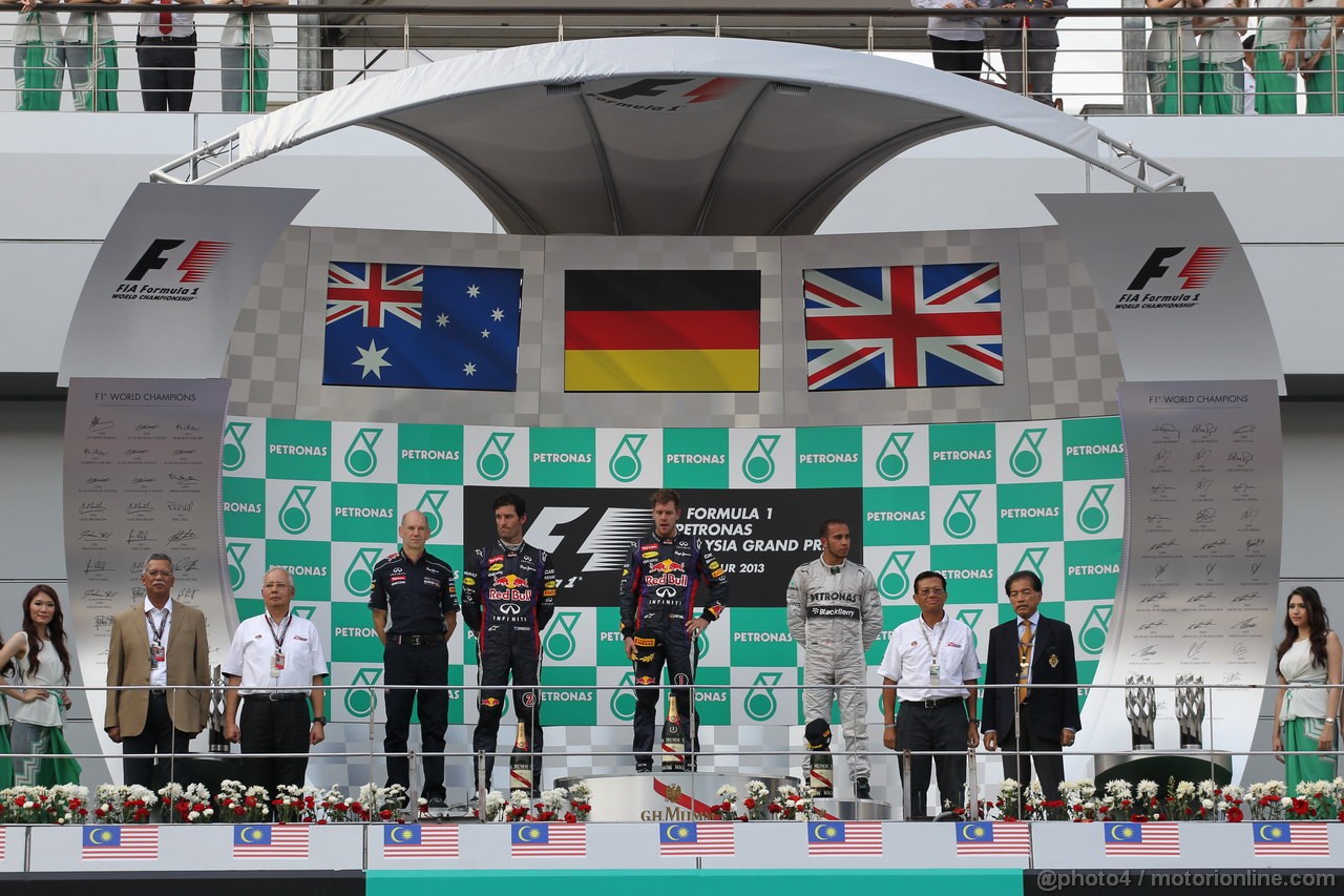 GP MALESIA, 24.03.2013- Gara, the podium; winner Sebastian Vettel (GER) Red Bull Racing RB9, 2nd Mark Webber (AUS) Red Bull Racing RB9, 3rd Lewis Hamilton (GBR) Mercedes AMG F1 W04