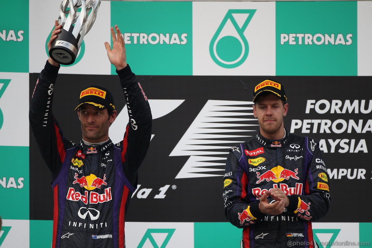 GP MALESIA, 24.03.2013- Gara, the podium; winner Sebastian Vettel (GER) Red Bull Racing RB9, 2nd Mark Webber (AUS) Red Bull Racing RB9