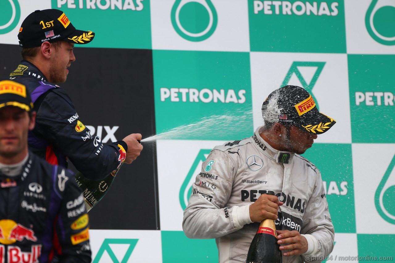 GP MALESIA, 24.03.2013- Gara, the podium; winner Sebastian Vettel (GER) Red Bull Racing RB9, 3rd Lewis Hamilton (GBR) Mercedes AMG F1 W04