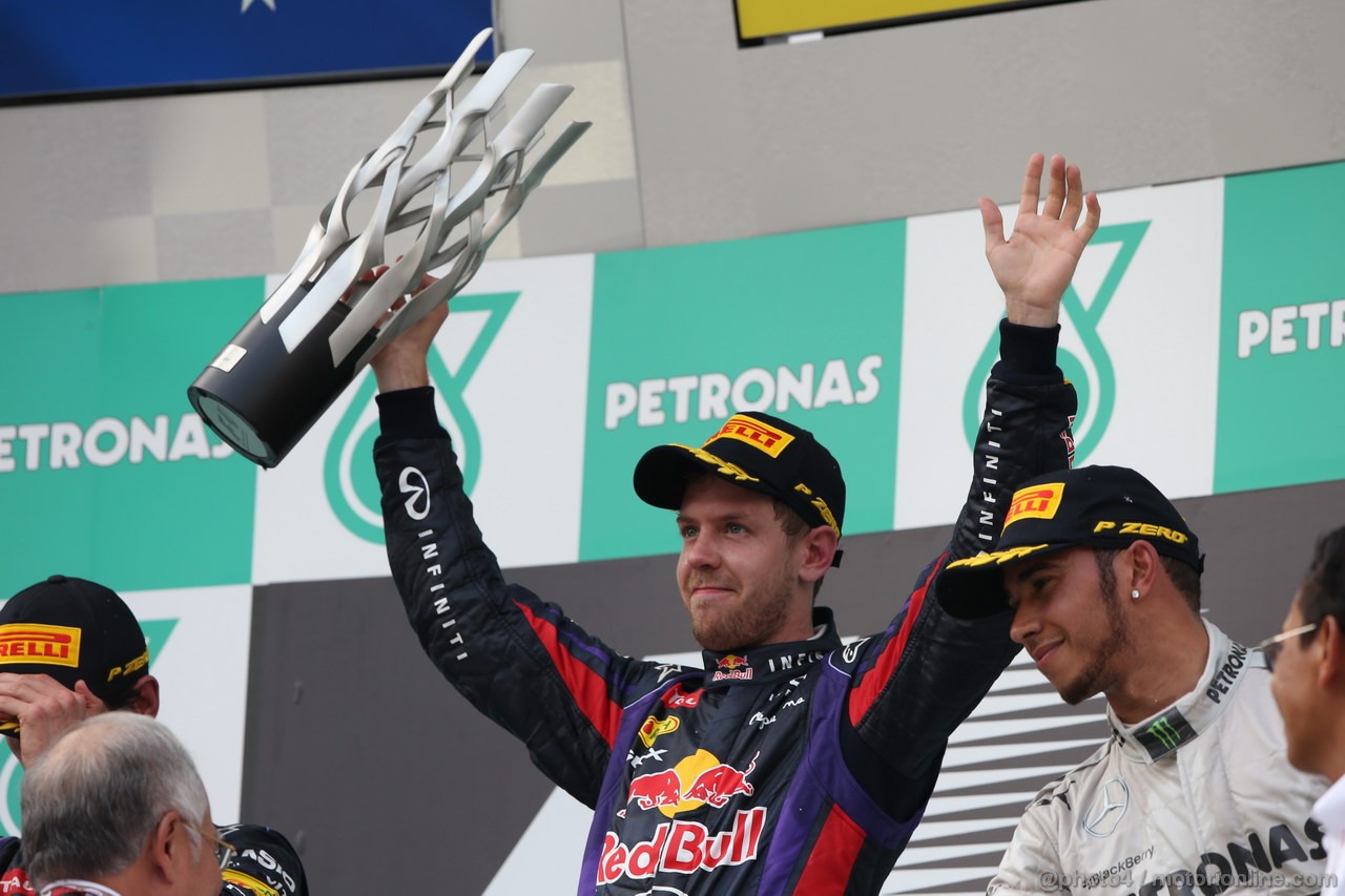 GP MALESIA, 24.03.2013- Gara, the podium; winner Sebastian Vettel (GER) Red Bull Racing RB9, 3rd Lewis Hamilton (GBR) Mercedes AMG F1 W04