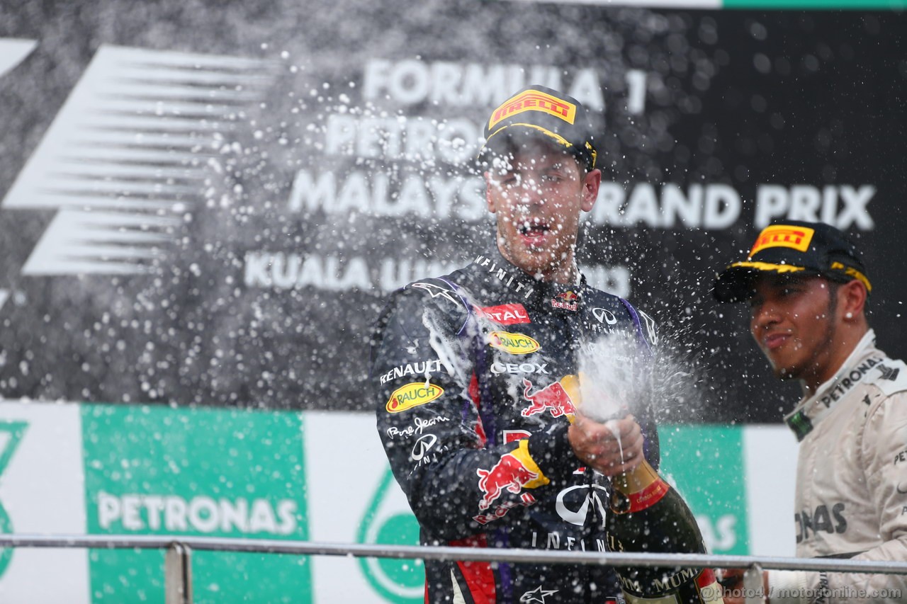 GP MALESIA, 24.03.2013- Gara, the podium; winner Sebastian Vettel (GER) Red Bull Racing RB9, 3rd Lewis Hamilton (GBR) Mercedes AMG F1 W04