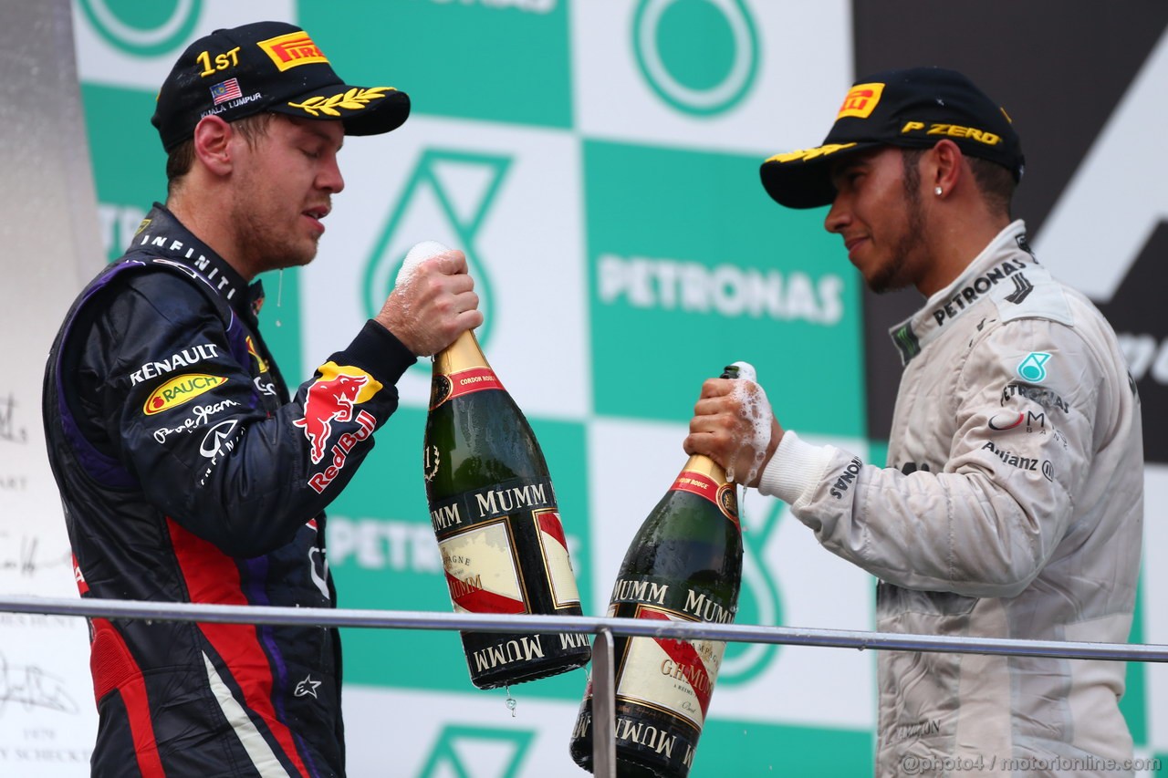 GP MALESIA, 24.03.2013- Gara, the podium; winner Sebastian Vettel (GER) Red Bull Racing RB9, 3rd Lewis Hamilton (GBR) Mercedes AMG F1 W04