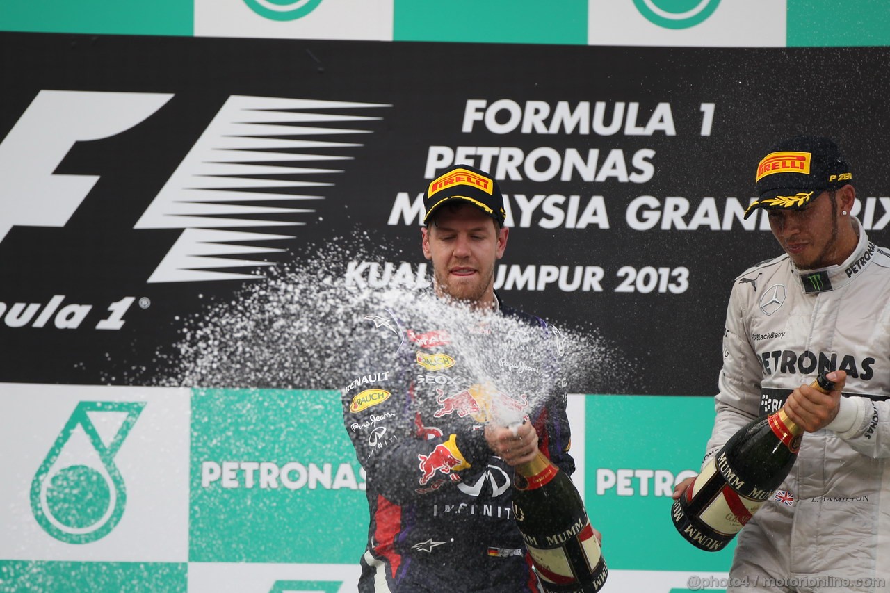 GP MALESIA, 24.03.2013- Gara, the podium; winner Sebastian Vettel (GER) Red Bull Racing RB9, 3rd Lewis Hamilton (GBR) Mercedes AMG F1 W04