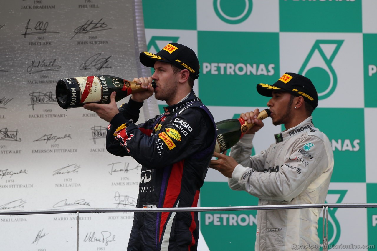 GP MALESIA, 24.03.2013- Gara, the podium; winner Sebastian Vettel (GER) Red Bull Racing RB9, 3rd Lewis Hamilton (GBR) Mercedes AMG F1 W04