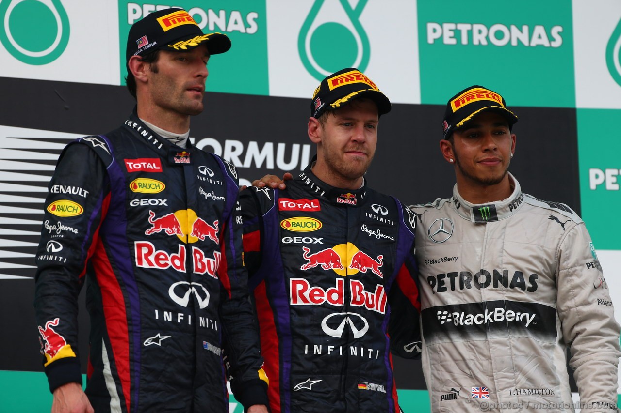 GP MALESIA, 24.03.2013- Gara, the podium; winner Sebastian Vettel (GER) Red Bull Racing RB9, 2nd Mark Webber (AUS) Red Bull Racing RB9, 3rd Lewis Hamilton (GBR) Mercedes AMG F1 W04