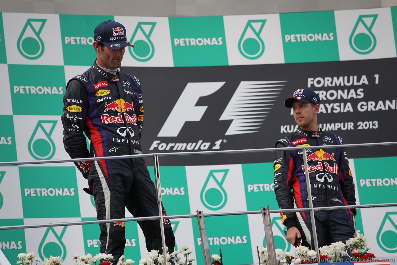 GP MALESIA, 24.03.2013- Gara, the podium; winner Sebastian Vettel (GER) Red Bull Racing RB9, 2nd Mark Webber (AUS) Red Bull Racing RB9