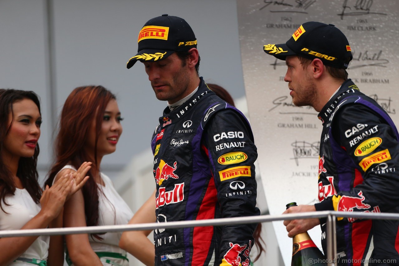 GP MALESIA, 24.03.2013- Gara, the podium; winner Sebastian Vettel (GER) Red Bull Racing RB9, 2nd Mark Webber (AUS) Red Bull Racing RB9, 3rd Lewis Hamilton (GBR) Mercedes AMG F1 W04
