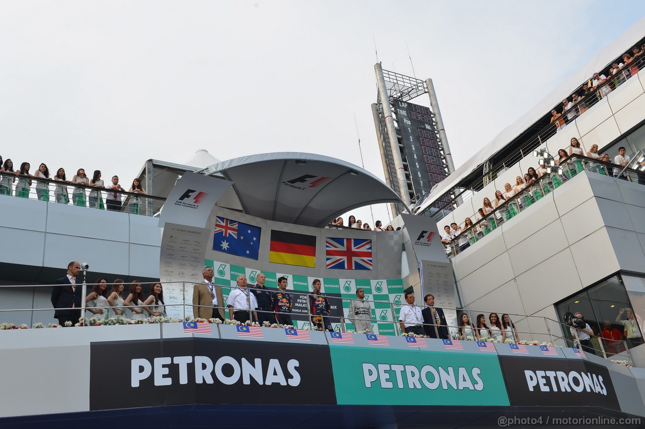 GP MALESIA, 24.03.2013- Gara, the podium; winner Sebastian Vettel (GER) Red Bull Racing RB9, 2nd Mark Webber (AUS) Red Bull Racing RB9, 3rd Lewis Hamilton (GBR) Mercedes AMG F1 W04