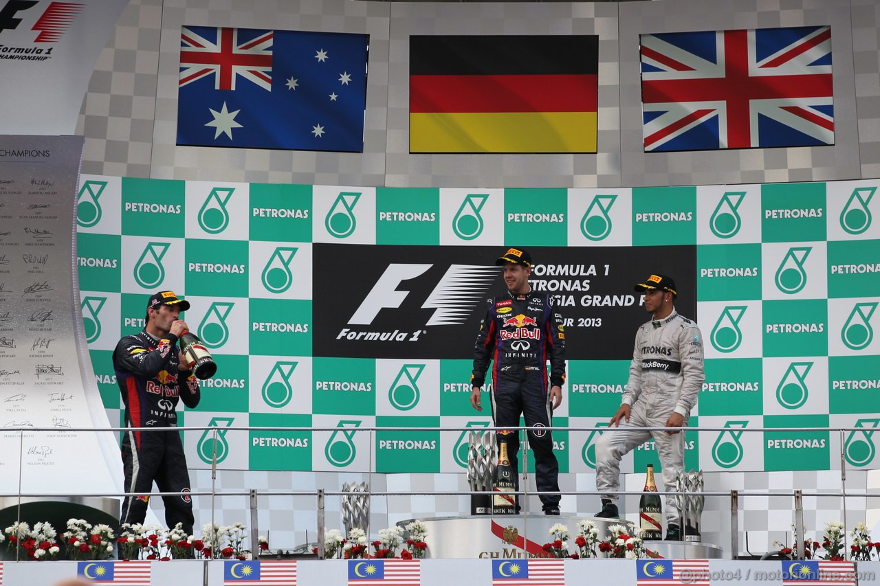 GP MALESIA, 24.03.2013- Gara, the podium; winner Sebastian Vettel (GER) Red Bull Racing RB9, 2nd Mark Webber (AUS) Red Bull Racing RB9, 3rd Lewis Hamilton (GBR) Mercedes AMG F1 W04