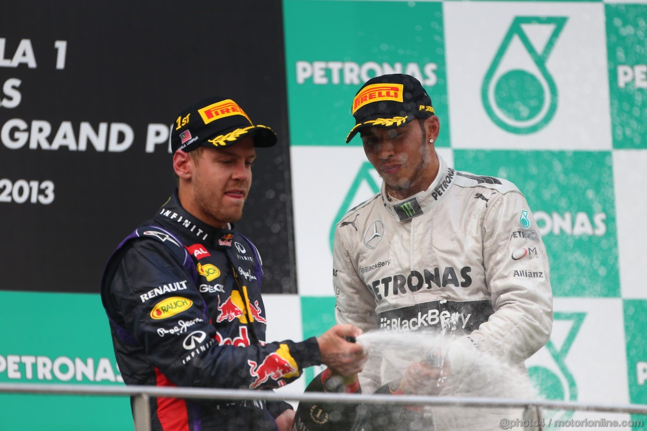 GP MALESIA, 24.03.2013- Gara, the podium; winner Sebastian Vettel (GER) Red Bull Racing RB9, 3rd Lewis Hamilton (GBR) Mercedes AMG F1 W04