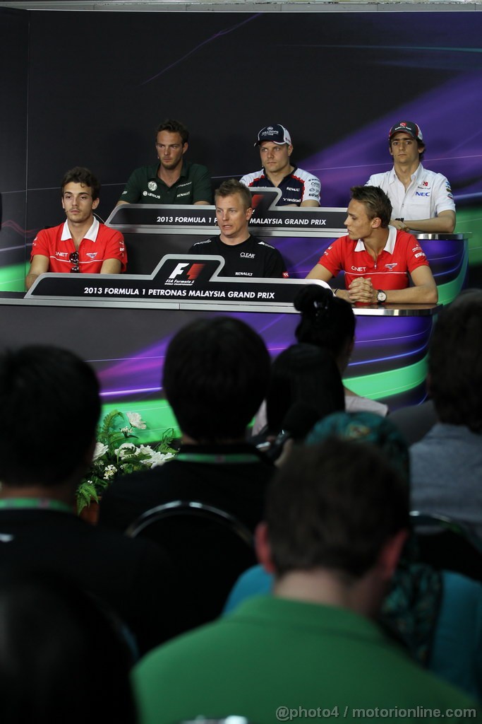 GP MALESIA, 21.03.2013- Press Conference, left to right Valtteri Bottas (FIN), Williams F1 Team FW35, Max Chilton (GBR), Marussia F1 Team MR02, Giedo Van der Garde (NED), Caterham F1 Team CT03, Esteban Gutierrez (MEX), Sauber F1 Team C32, Jules Bianchi (FRA) Marussia F1 Team MR02