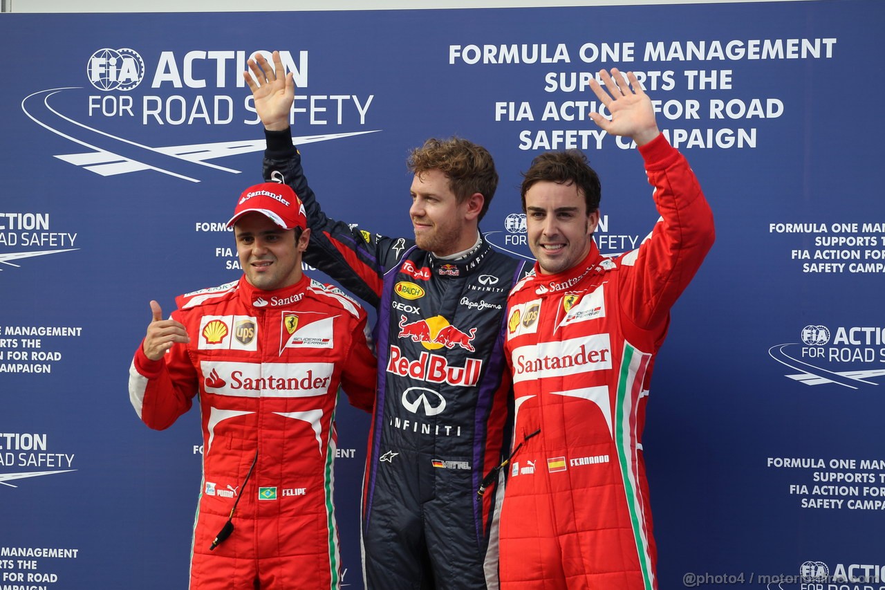 GP MALESIA, 23.03.2013- Sebastian Vettel (GER) Red Bull Racing RB9 (pole position), Felipe Massa (BRA) Ferrari F138 (secondo) e Fernando Alonso (ESP) Ferrari F138 (terzo)