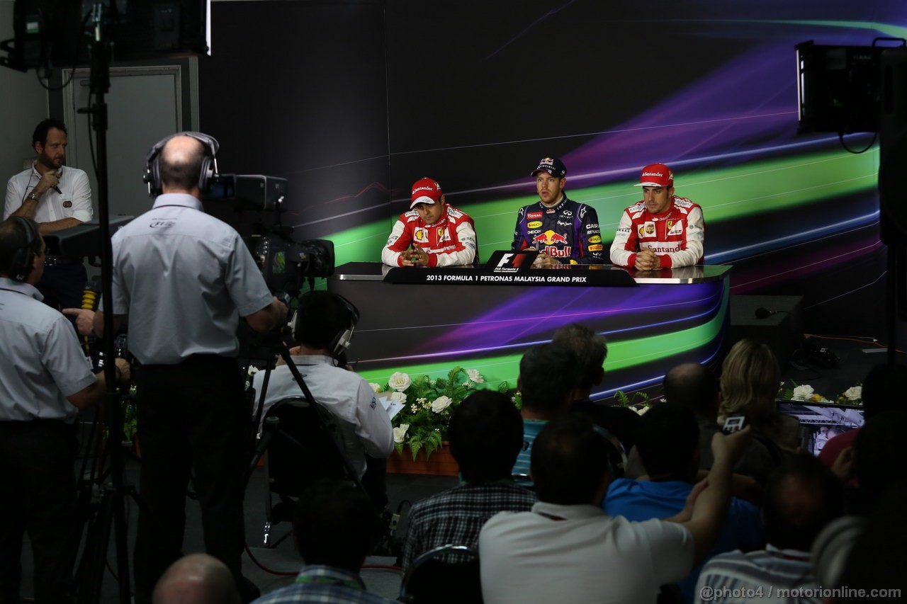 GP MALESIA, 23.03.2013- Conferenza Stampa, Sebastian Vettel (GER) Red Bull Racing RB9 (pole position), Felipe Massa (BRA) Ferrari F138 (secondo) e Fernando Alonso (ESP) Ferrari F138 (terzo)