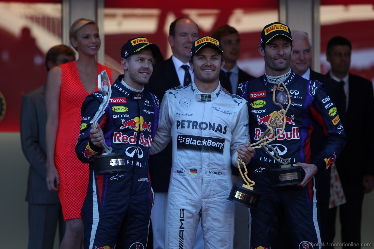 GP MONACO, 26.05.2013- Gara, Nico Rosberg (GER) Mercedes AMG F1 W04 vincitore, secondo Sebastian Vettel (GER) Red Bull Racing RB9 e terzo Mark Webber (AUS) Red Bull Racing RB9 