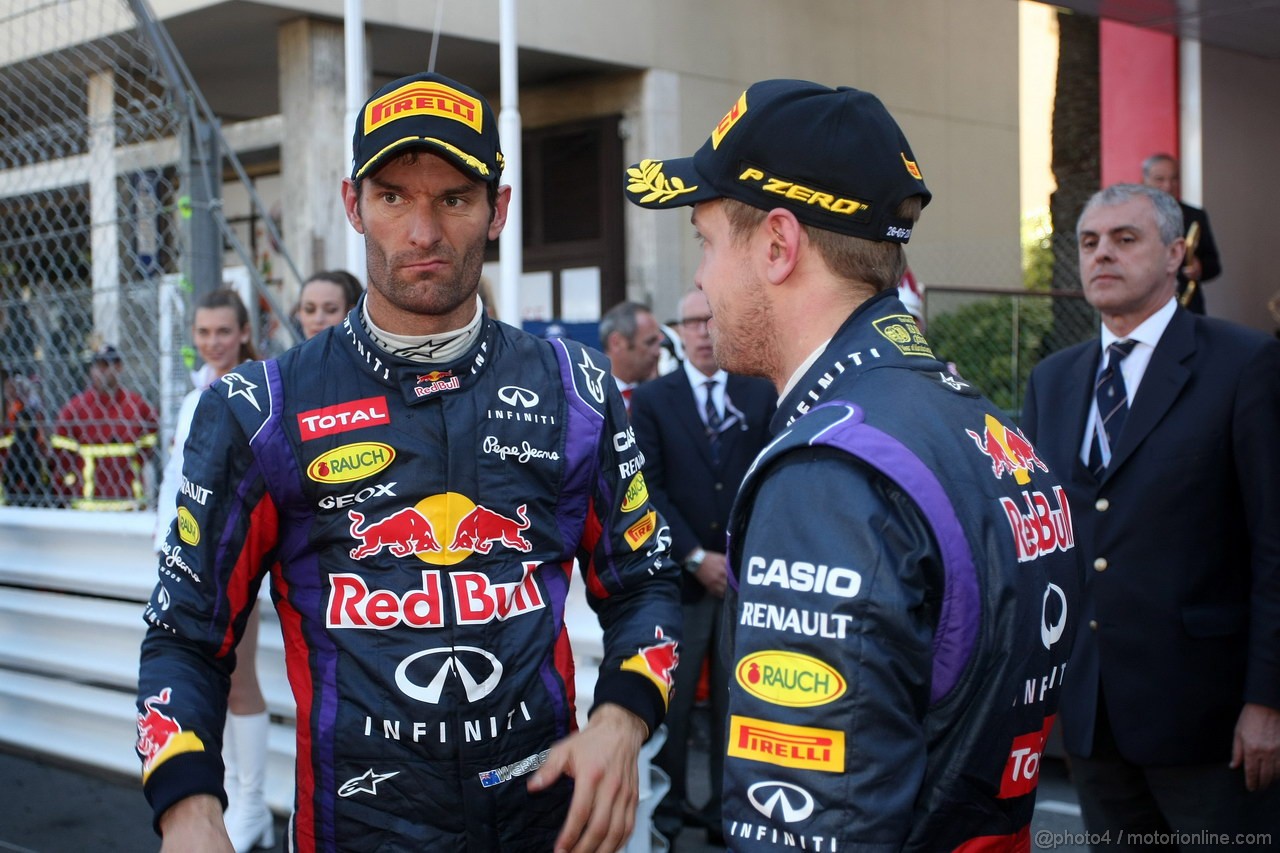 GP MONACO, 26.05.2013- Gara, Mark Webber (AUS) Red Bull Racing RB9 e Sebastian Vettel (GER) Red Bull Racing RB9 