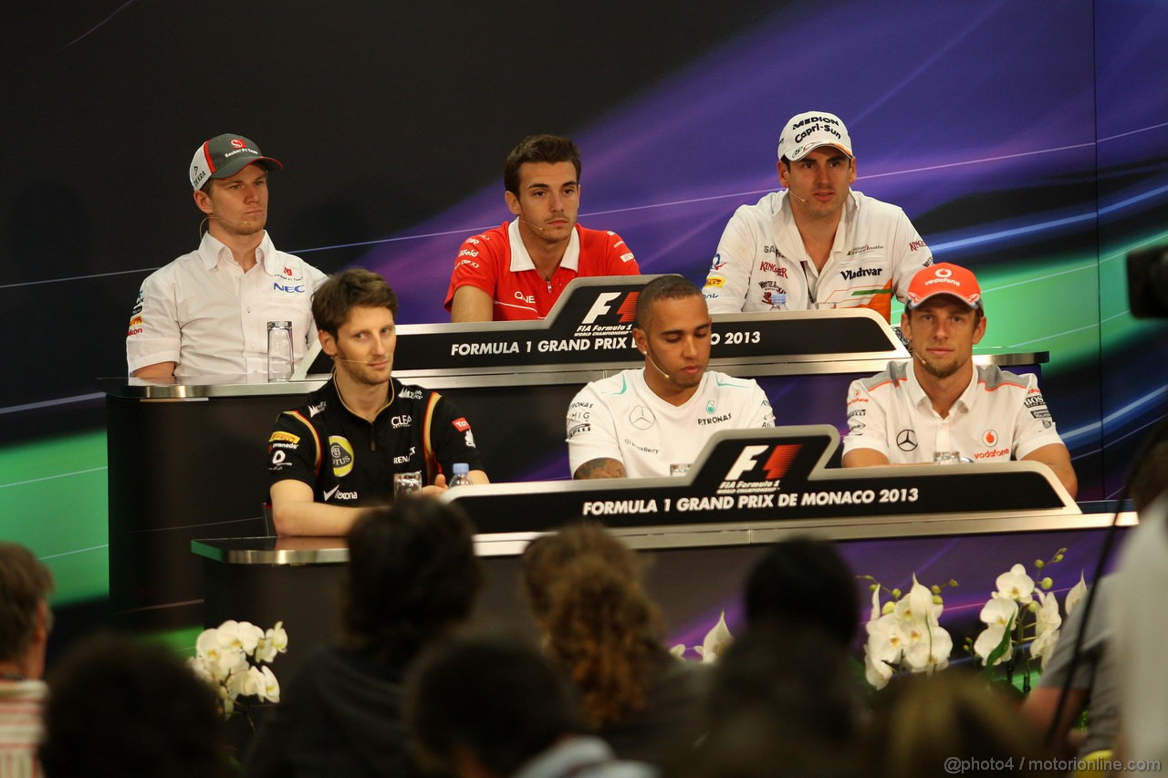 GP MONACO, 22.05.2013- Conferenza Stampa, (L-D) Nico Hulkenberg (GER) Sauber F1 Team C32, Jules Bianchi (FRA) Marussia F1 Team MR02, Adrian Sutil (GER), Sahara Force India F1 Team VJM06, Romain Grosjean (FRA) Lotus F1 Team E21, Lewis Hamilton (GBR) Mercedes AMG F1 W04 e Jenson Button (GBR) McLaren Mercedes MP4-28