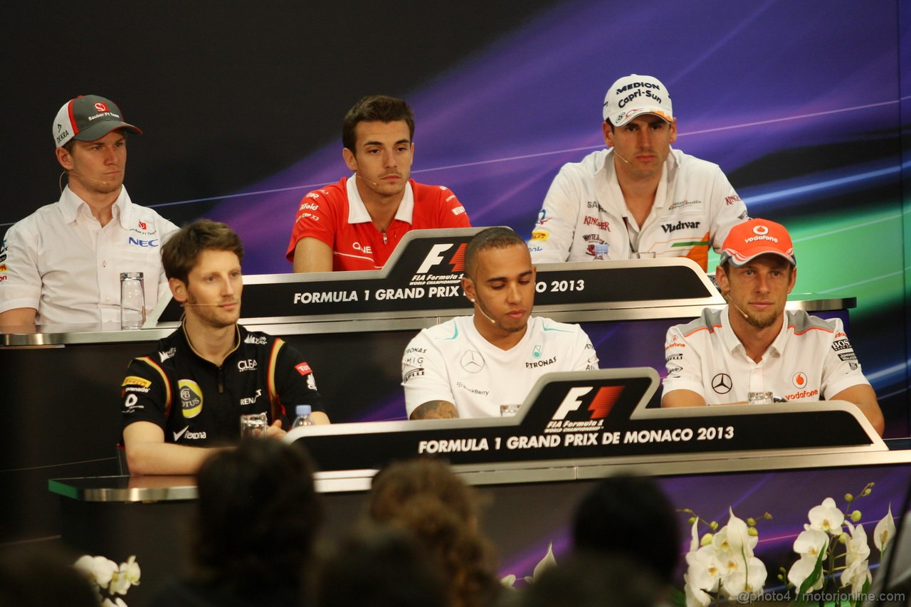 GP MONACO, 22.05.2013- Conferenza Stampa, (L-D) Nico Hulkenberg (GER) Sauber F1 Team C32, Jules Bianchi (FRA) Marussia F1 Team MR02, Adrian Sutil (GER), Sahara Force India F1 Team VJM06, Romain Grosjean (FRA) Lotus F1 Team E21, Lewis Hamilton (GBR) Mercedes AMG F1 W04 e Jenson Button (GBR) McLaren Mercedes MP4-28