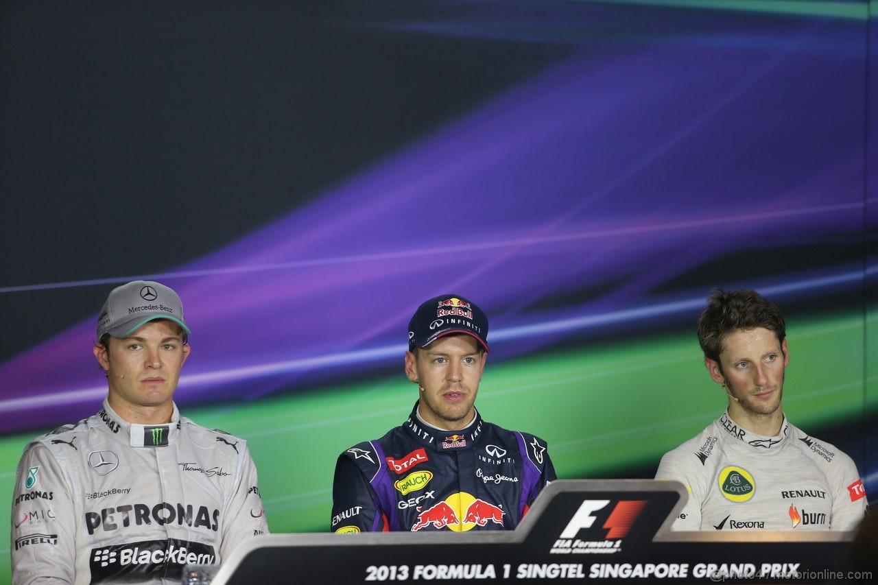 GP SINGAPORE, 21.09.2013- After Qualifiche Press Conference, pole position Sebastian Vettel (GER) Red Bull Racing RB9, 2nd Nico Rosberg (GER) Mercedes AMG F1 W04, 3rd  Romain Grosjean (FRA) Lotus F1 Team E213