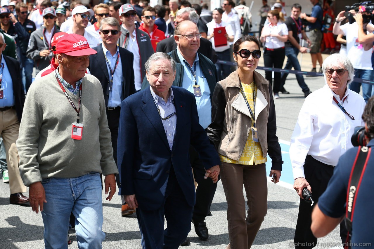 GP SPAGNA, 12.05.2013- Formula One Long Short Walk, Nikki Lauda (AU), Mercedes, Jean Todt (FRA), President FIA, Michelle Yeoh, wife of Jean Todt (FRA) e Bernie Ecclestone (GBR), President e CEO of Formula One Management  