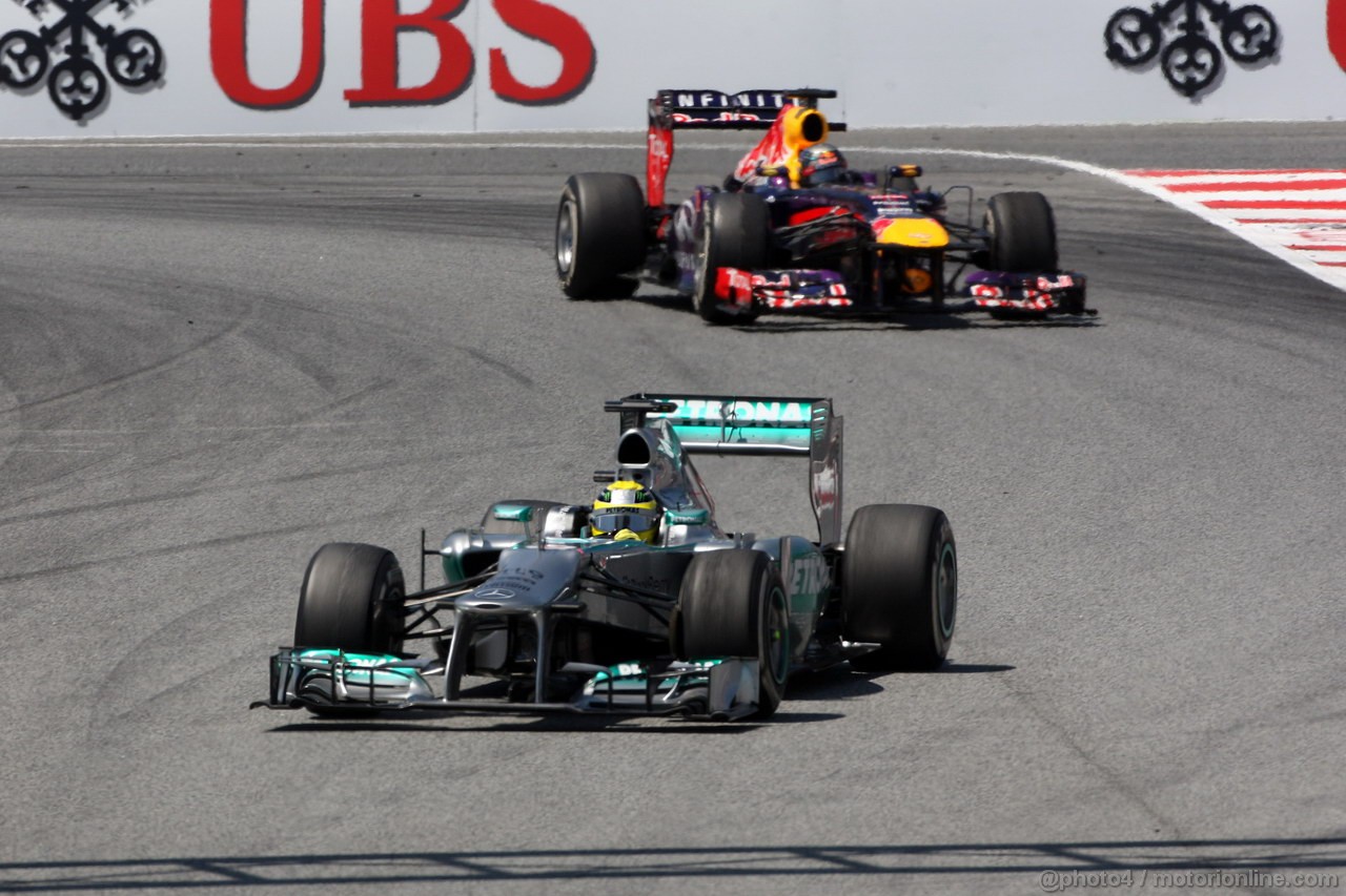 GP SPAGNA, 12.05.2013-  Gara, Nico Rosberg (GER) Mercedes AMG F1 W04 davanti a Sebastian Vettel (GER) Red Bull Racing RB9 