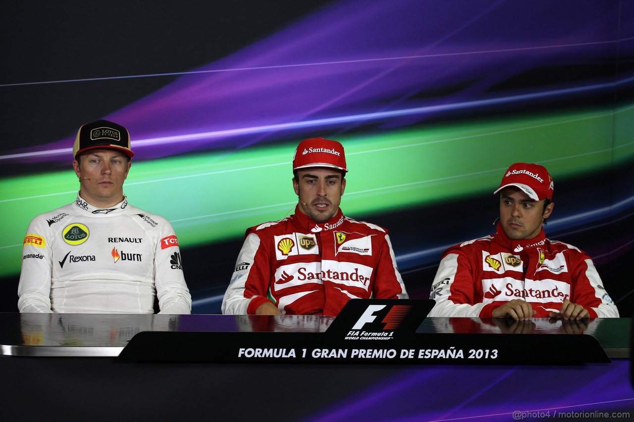GP SPAGNA, 12.05.2013-  Gara, Conferenza Stampa, Kimi Raikkonen (FIN) Lotus F1 Team E21, Fernando Alonso (ESP) Ferrari F138 e Felipe Massa (BRA) Ferrari F138 