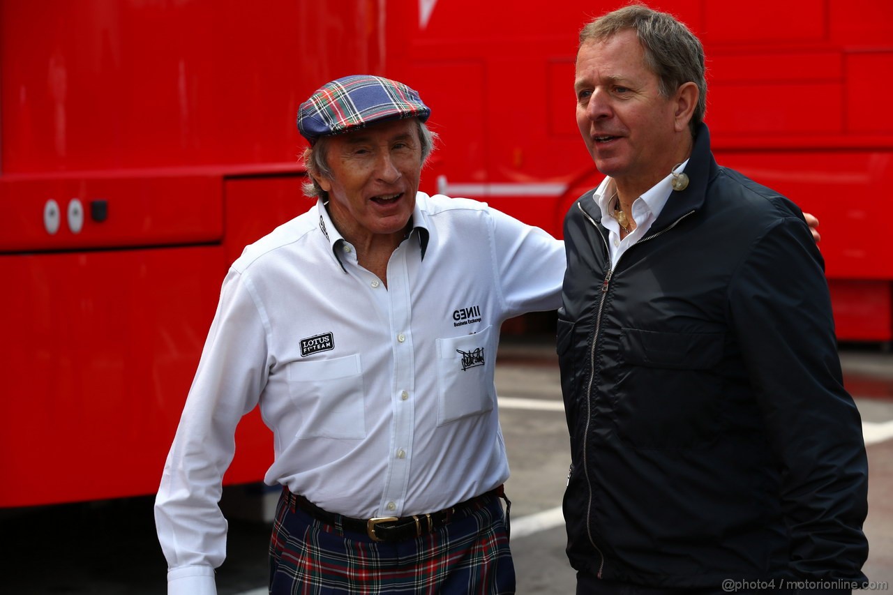 GP SPAGNA, 10.05.2013- Prove Libere 1, Sir Jackie Stewart (GBR) e Martin Brundle