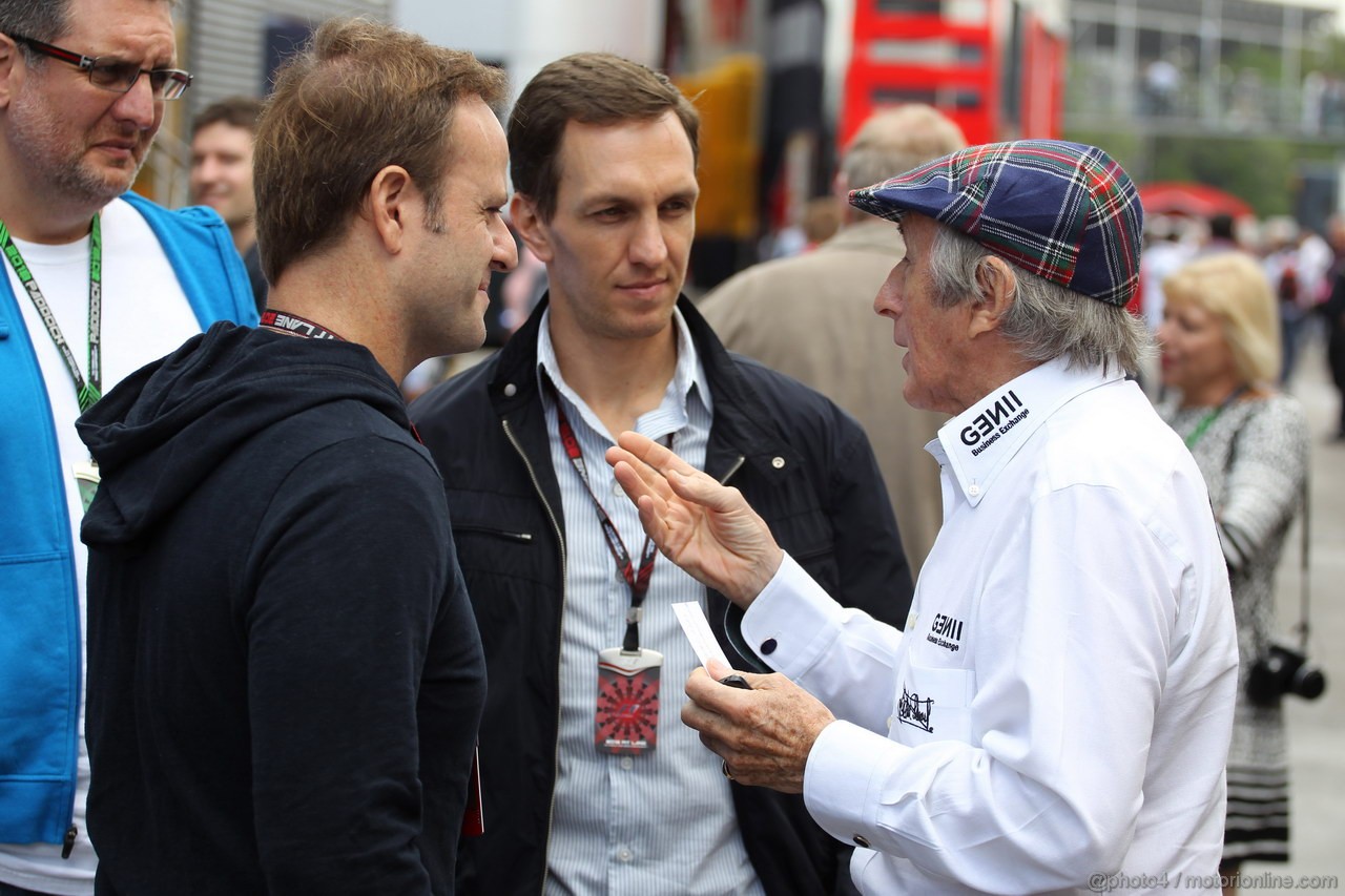 GP SPAGNA, 10.05.2013- Prove Libere 2, (L-D) Rubens Barrichello (BRA), Luciano Burti (BRA) e Sir Jackie Stewart (GBR) 