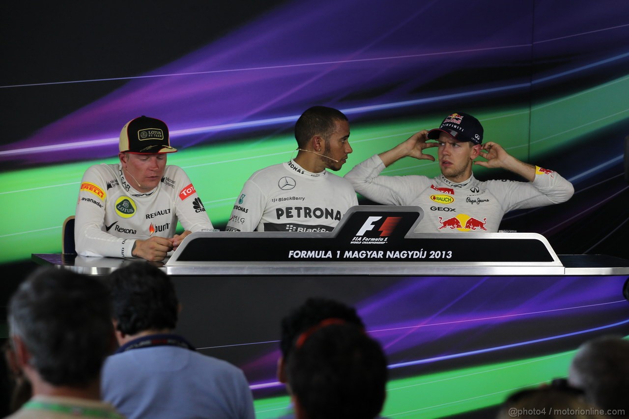 GP UNGHERIA, 28.07.2013- Gara Press Conference, winner Lewis Hamilton (GBR) Mercedes AMG F1 W04, 2nd Kimi Raikkonen (FIN) Lotus F1 Team E21, 3rd Sebastian Vettel (GER) Red Bull Racing RB9 