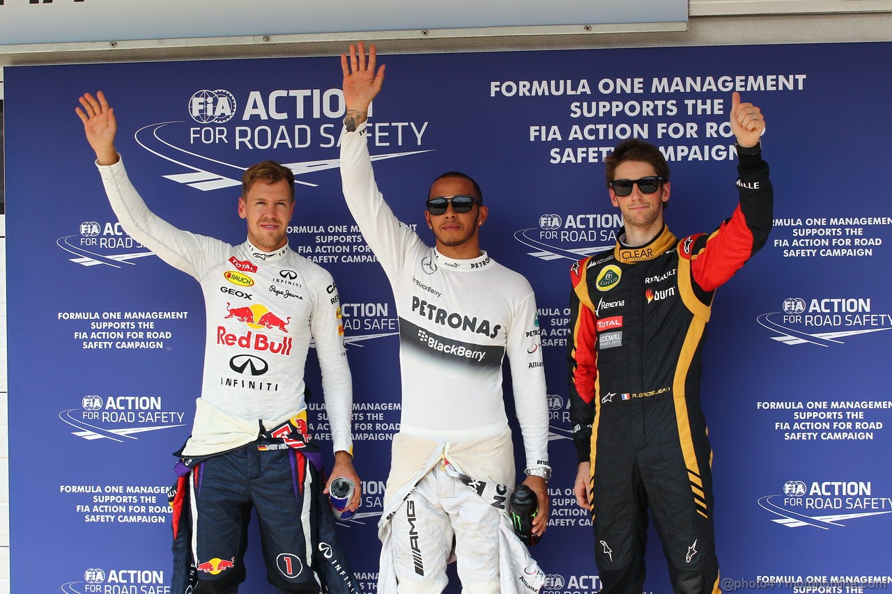 GP UNGHERIA, 27.07.2013- Qualifiche, Pole position celebration: pole Lewis Hamilton (GBR) Mercedes AMG F1 W04, 2nd Sebastian Vettel (GER) Red Bull Racing RB9, 3rd Romain Grosjean (FRA) Lotus F1 Team E213