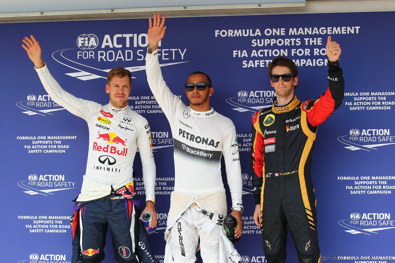 GP UNGHERIA, 27.07.2013- Qualifiche, Pole position celebration: pole Lewis Hamilton (GBR) Mercedes AMG F1 W04, 2nd Sebastian Vettel (GER) Red Bull Racing RB9, 3rd Romain Grosjean (FRA) Lotus F1 Team E213