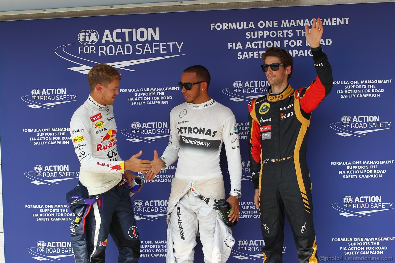 GP UNGHERIA, 27.07.2013- Qualifiche, Pole position celebration: pole Lewis Hamilton (GBR) Mercedes AMG F1 W04, 2nd Sebastian Vettel (GER) Red Bull Racing RB9, 3rd Romain Grosjean (FRA) Lotus F1 Team E213