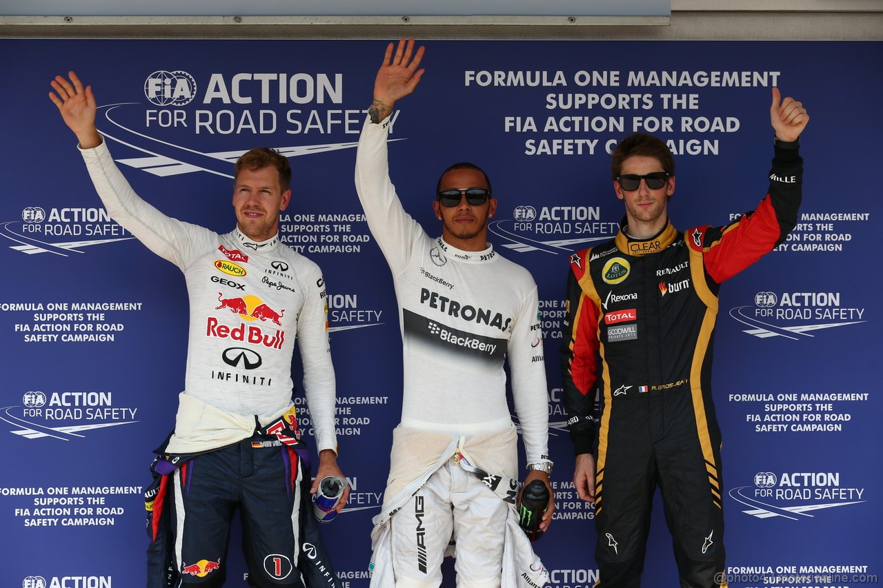 GP UNGHERIA, 27.07.2013- Qualifiche, Pole Popole Lewis Hamilton (GBR) Mercedes AMG F1 W04, 2nd Sebastian Vettel (GER) Red Bull Racing RB9, 3rd Romain Grosjean (FRA) Lotus F1 Team E213sition celebration: 