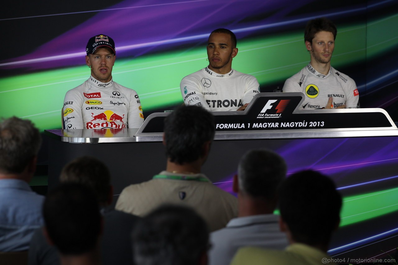 GP UNGHERIA, 27.07.2013- Qualifiche,  Press Conference: Lewis Hamilton (GBR) Mercedes AMG F1 W04, Sebastian Vettel (GER) Red Bull Racing RB9, Romain Grosjean (FRA) Lotus F1 Team E213