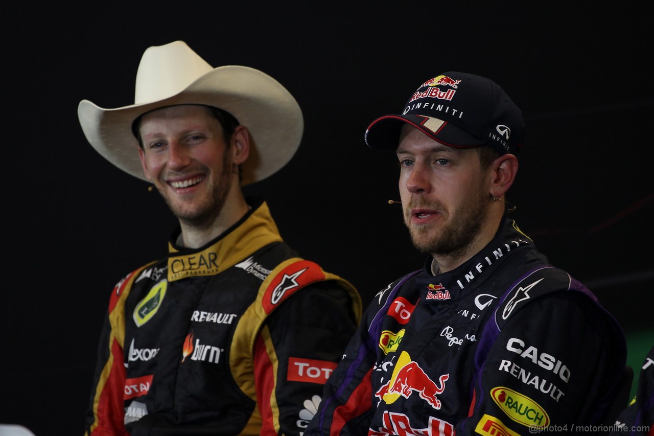 GP USA, 17.11.2013- Gara, Conferenza Stampa, Romain Grosjean (FRA) Lotus F1 Team E21 e Sebastian Vettel (GER) Red Bull Racing RB9 