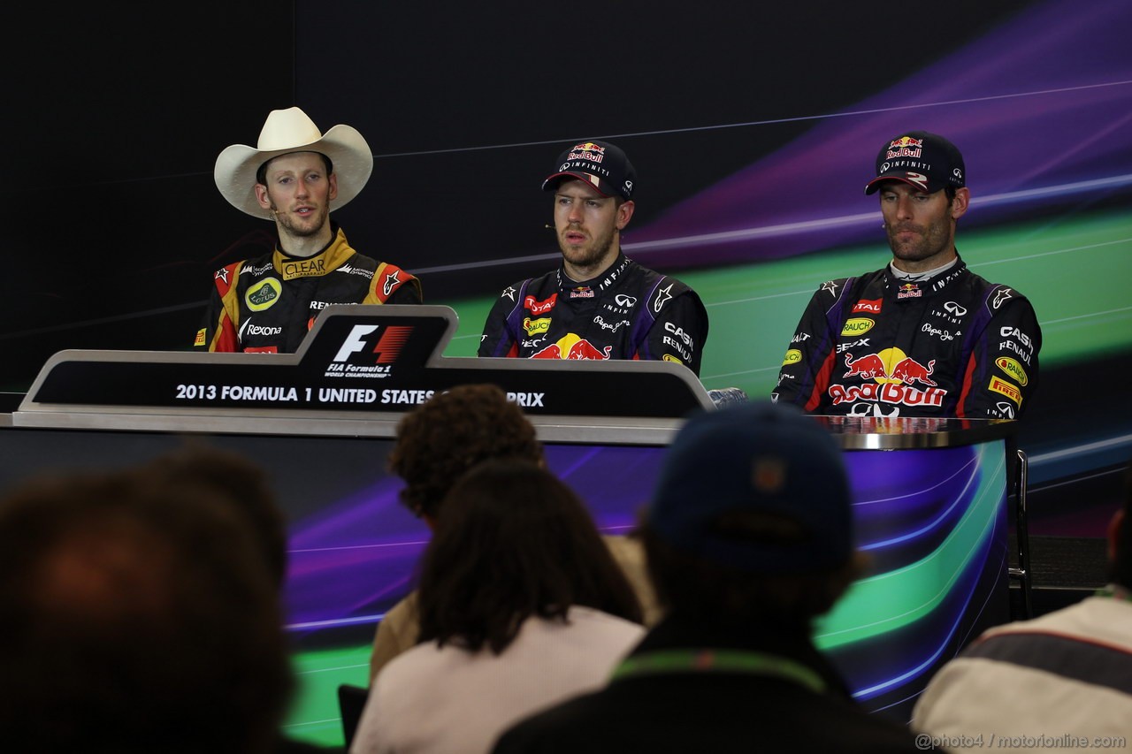 GP USA, 17.11.2013- Gara, Conferenza Stampa, Romain Grosjean (FRA) Lotus F1 Team E21, Sebastian Vettel (GER) Red Bull Racing RB9 e Mark Webber (AUS) Red Bull Racing RB9 