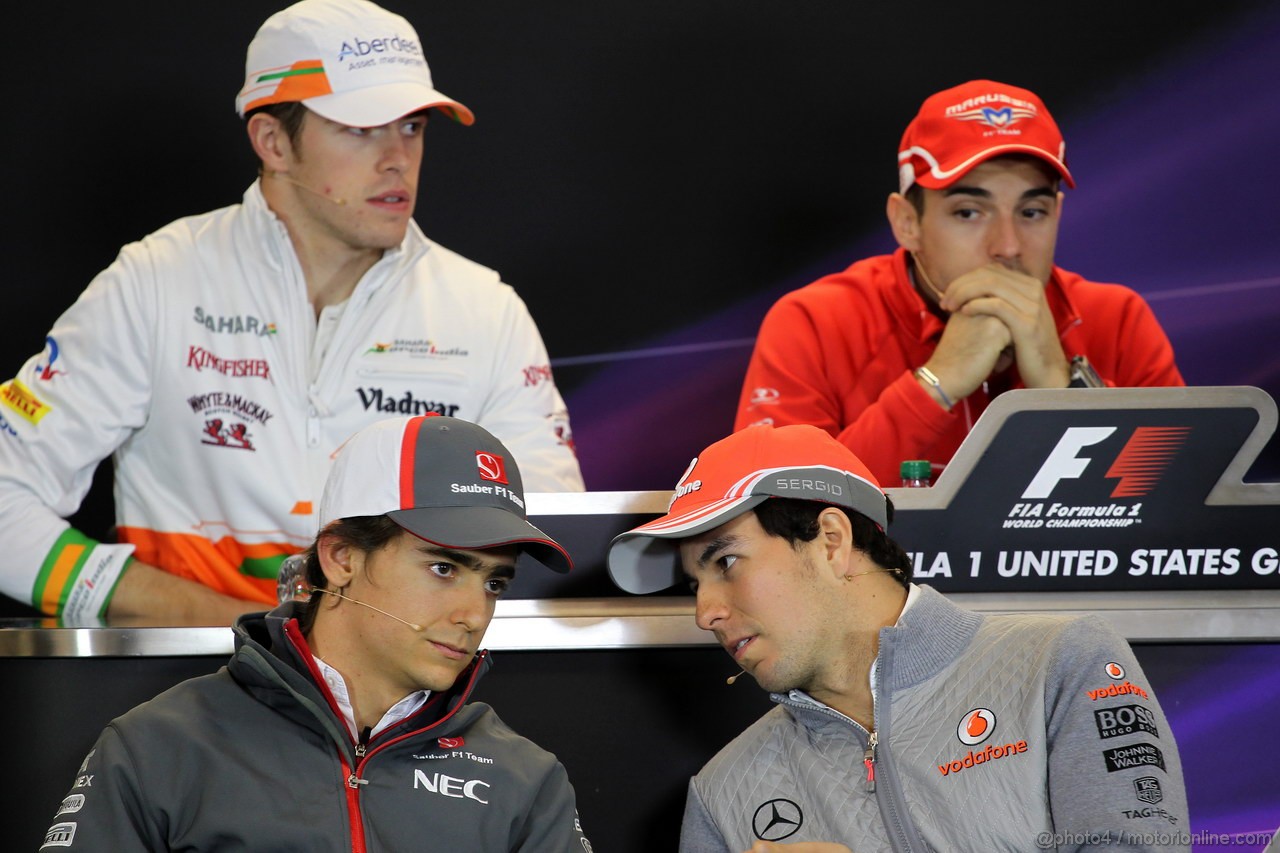 GP USA, 14.11.2013- Conferenza Stampa, (L-R) Paul di Resta (GBR) Sahara Force India F1 Team VJM06, Jules Bianchi (FRA) Marussia F1 Team MR02,  Esteban Gutierrez (MEX), Sauber F1 Team C32 e Sergio Perez (MEX) McLaren MP4-28